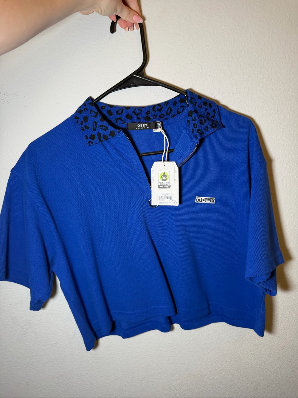 Obey Royal Blue Cropped Polo with Leopard Print Collar
